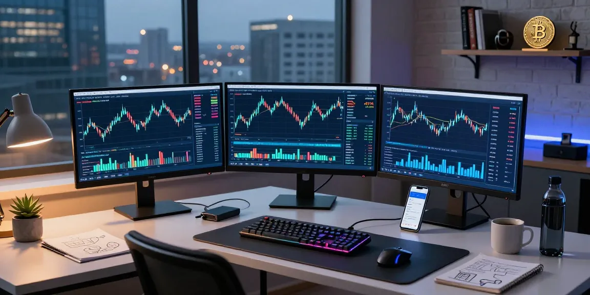 在 metatrader 5 官网 进行加密货币交易的现代家庭办公环境,多个显示屏展示行情和分析工具