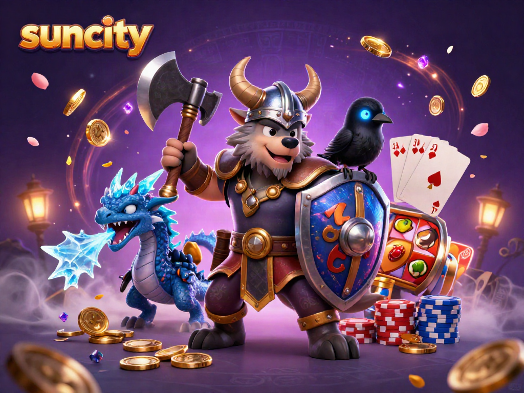Win big at suncity with a thrilling scene featuring a Viking wolf warrior, a fierce dragon, and slot machine excitement.