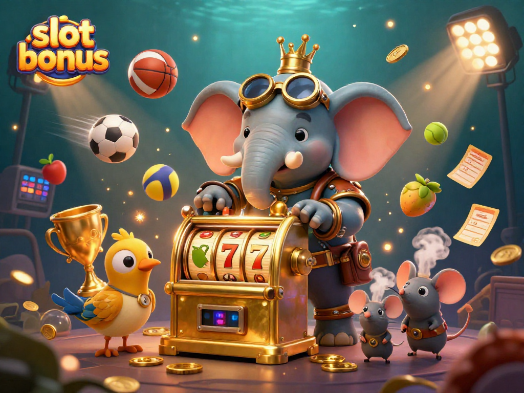 Experience slot bonus excitement with a vibrant steampunk elephant at a golden slot machine, offering thrilling wins.