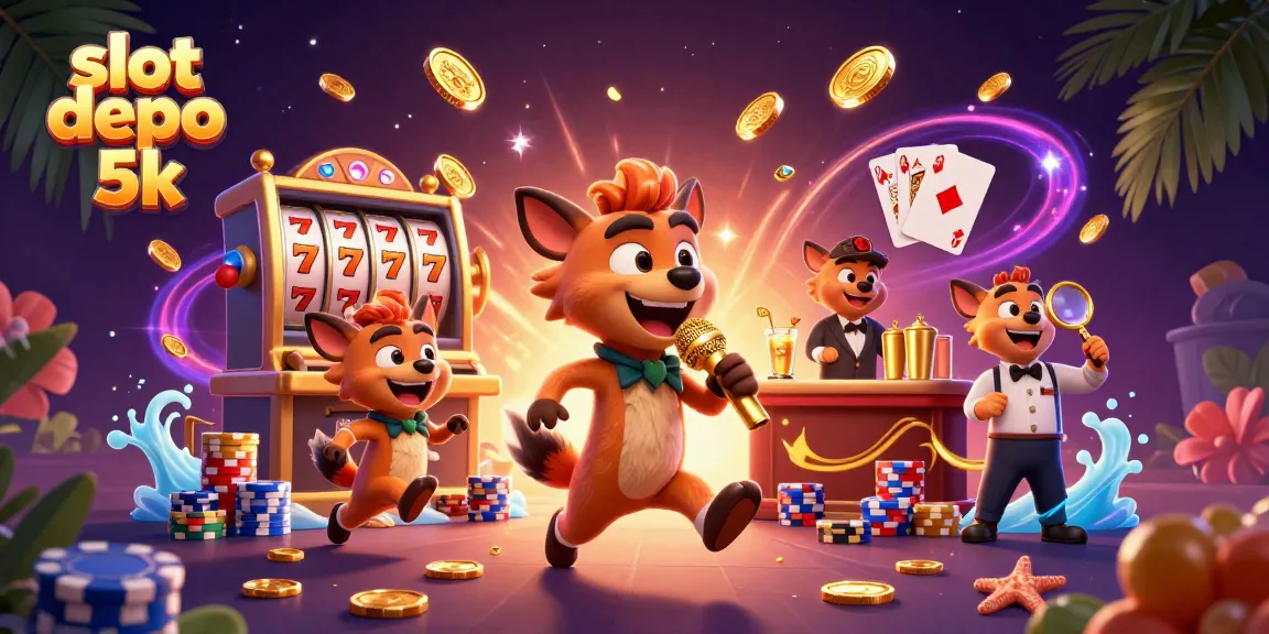 Engage with vibrant slot depo 5k action, featuring playful hyenas in a bustling casino scene.