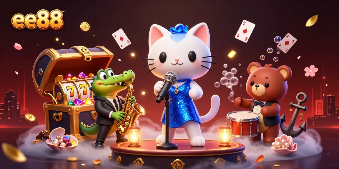 ee88 offers exciting gaming with jazz singer characters, vibrant casino elements, and colorful gold coins.