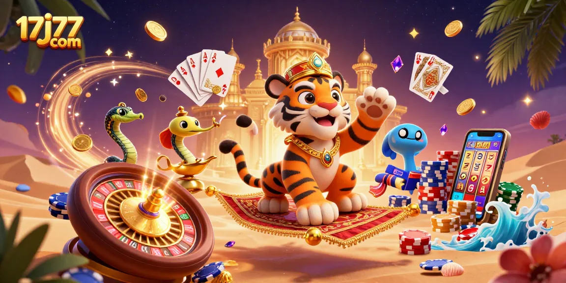 Win big with 17j77 com in this vibrant scene of casino excitement featuring a tiger sultan.