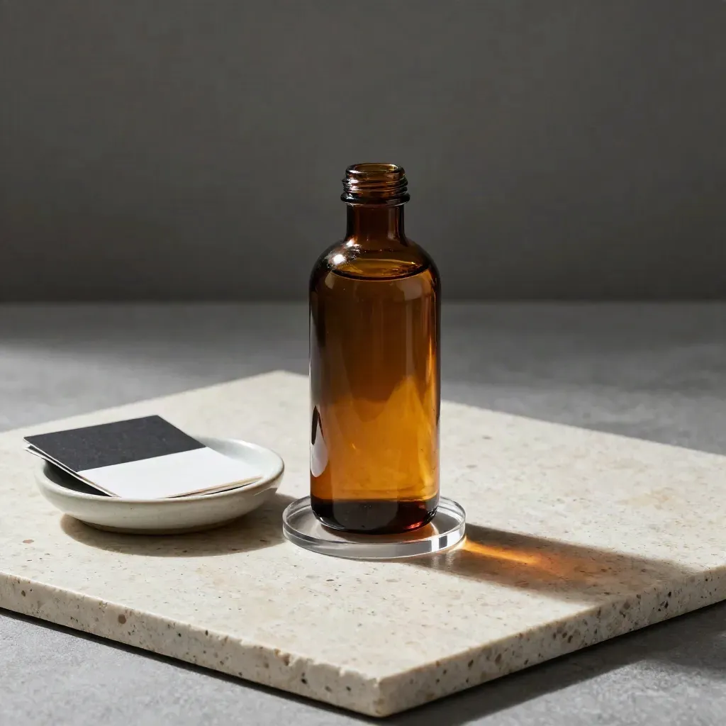 Amber glass product bottle on acrylic riser with bounce cards, ceramic dish, and travertine tile.