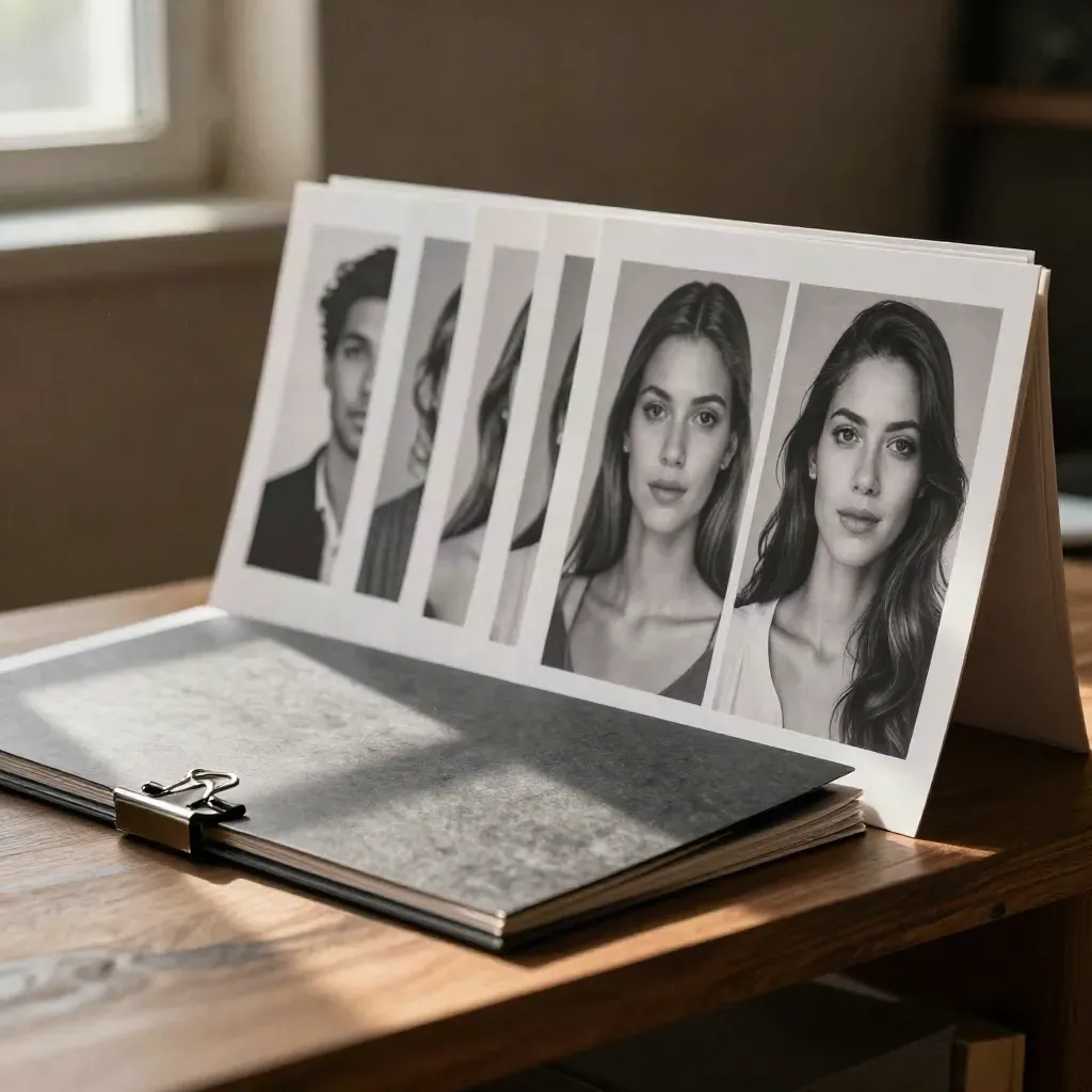 Headshot proof prints fanned with a charcoal folder and silver binder clip in warm studio light.