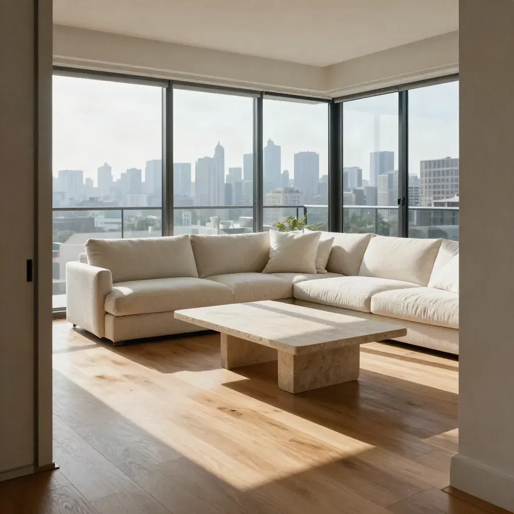 Bright condo living room with oak floors, linen sofa, stone table, and city balcony light.