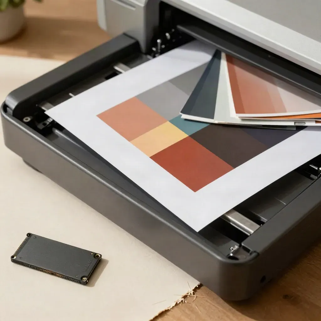 Overhead view of edited prints, color chart, swatch fan, and SSD on a pale work surface.