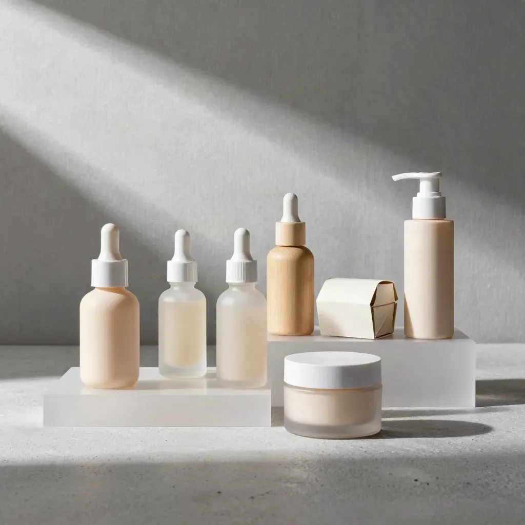 Spring ecommerce products on white acrylic blocks in warm studio light, low angle.