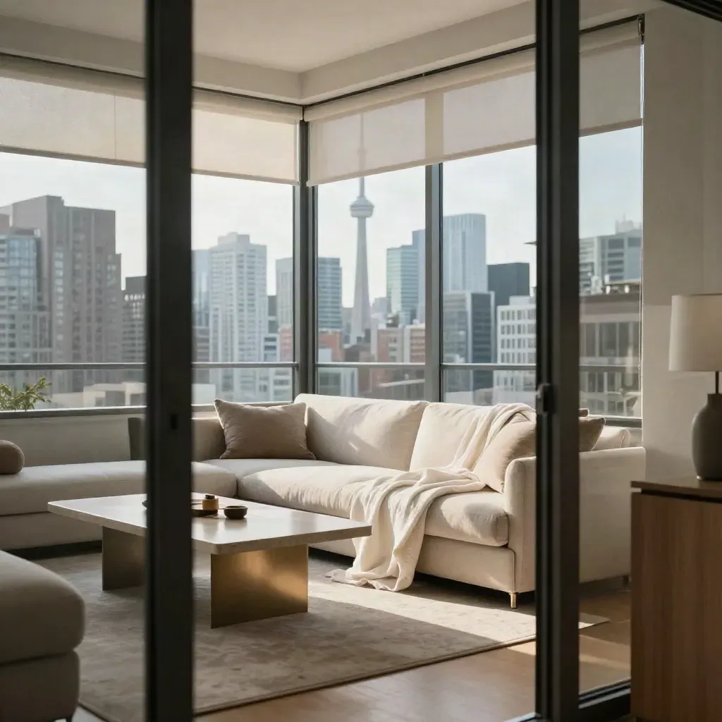 Bright downtown condo interior with open blinds, linen throw, stone table and skyline reflections