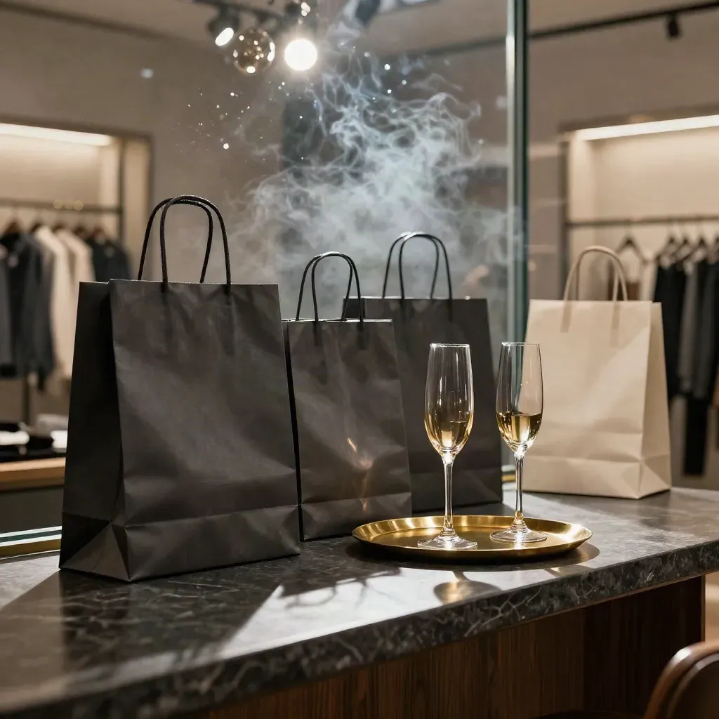 Launch-night retail vignette with gift bags, coupes, and glowing reflections behind glass