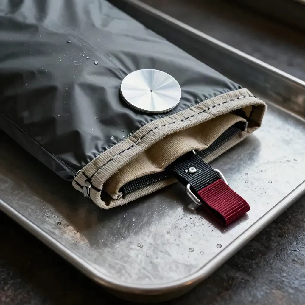 Weatherproof location kit on a brushed steel tray with red tab, carabiners and reflector disc