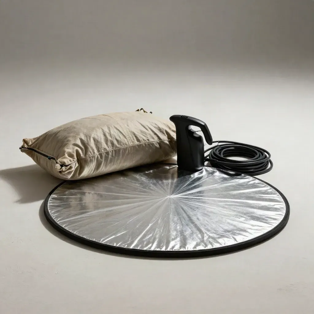 Folded reflector, sandbag, grip head and coiled cable on a studio floor in soft light.