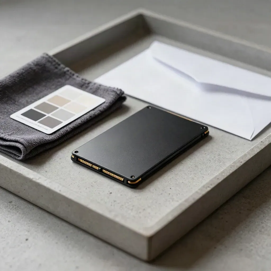 SSD, color card, cloth, and export envelope on a stone tray in soft side light.