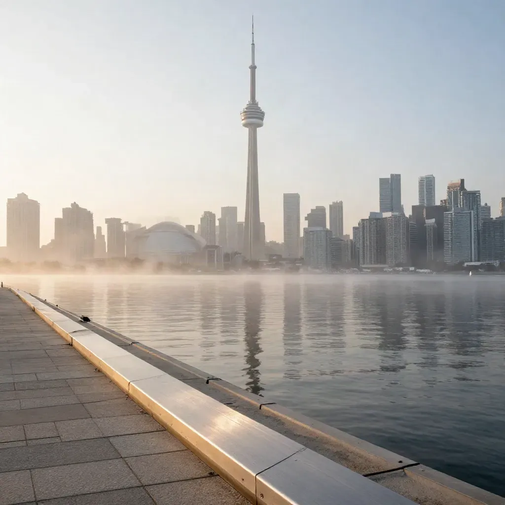 Toronto skyline with the CN Tower above misty Lake Ontario at sunrise