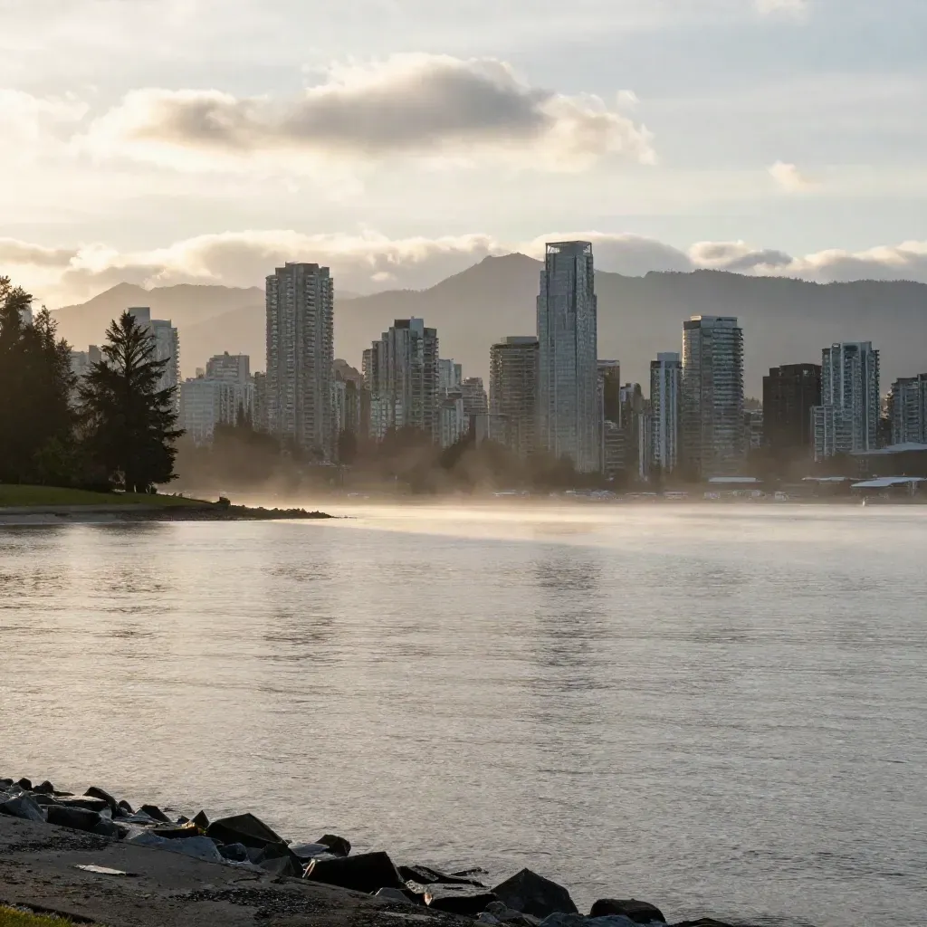 Metro Vancouver skyline over English Bay mist with mountains and dawn light