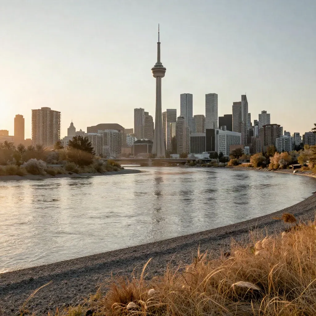Calgary skyline and Bow River at golden hour with prairie grass and amber storm-clearing light.