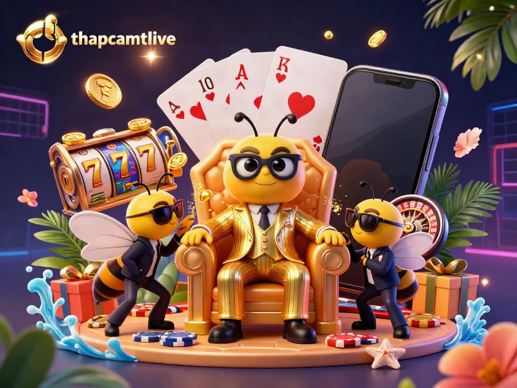 Experience exciting games with thapcamtvlive, featuring a cartoon bumblebee mob boss surrounded by dynamic gambling elements.