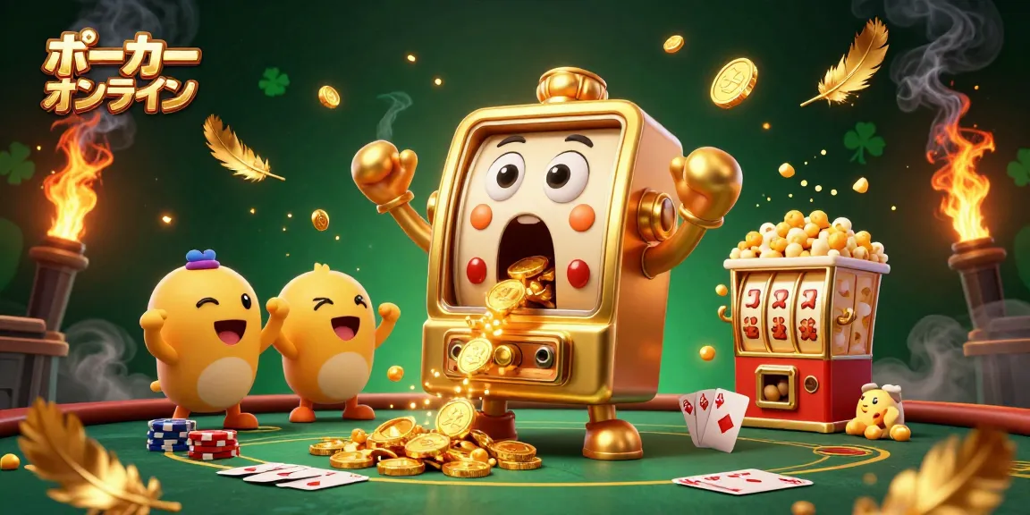 ポーカー オンラインでのジャックポットを祝う親しみやすいスロットマシンたちの活気あるシーン