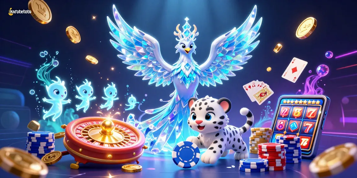 Karatetoto brings an exciting casino experience with a vibrant 3D illustration showcasing a phoenix, slots, and poker elements.