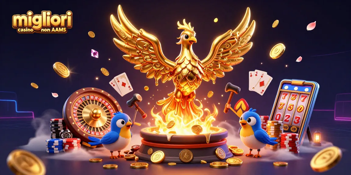 Migliori casino non AAMS: illustrazione 3D con un fenice d'oro che emette monete, elementi di gioco da casinò e atmosfera coinvolgente.