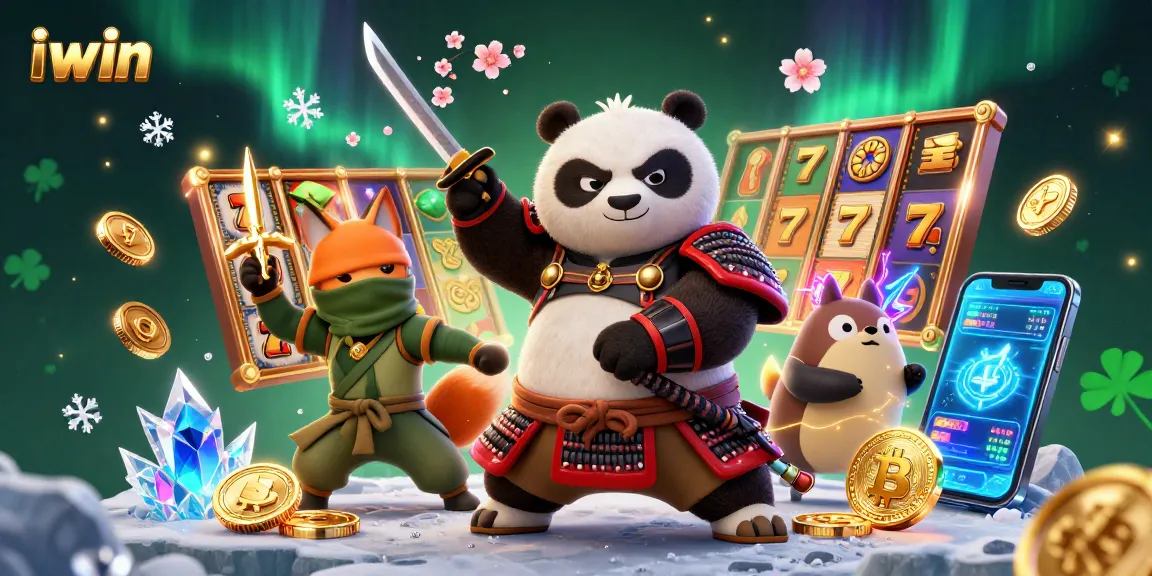 iwin game strategies illustrated with samurai panda, ninja fox, and magical tanuki in a vibrant casino setting