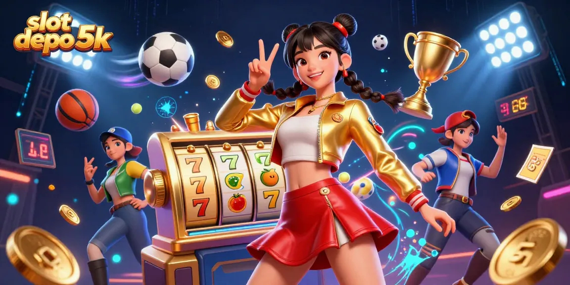 Engaging slot depo 5k illustration capturing vibrant action with slot reels, jackpot symbols, and dynamic gaming elements.