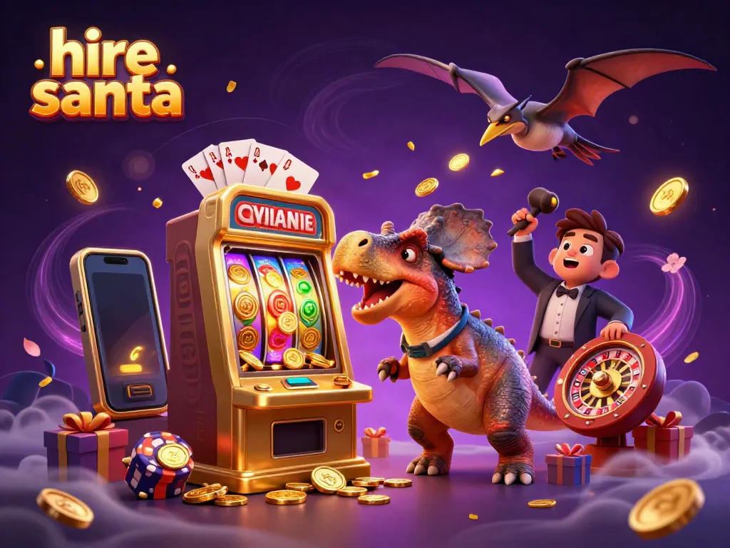 Engaging scene where you can hire Santa, featuring dinosaurs at a vibrant casino with a jackpot.