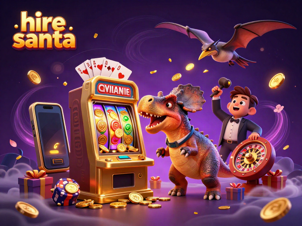Engaging scene where you can hire Santa, featuring dinosaurs at a vibrant casino with a jackpot.