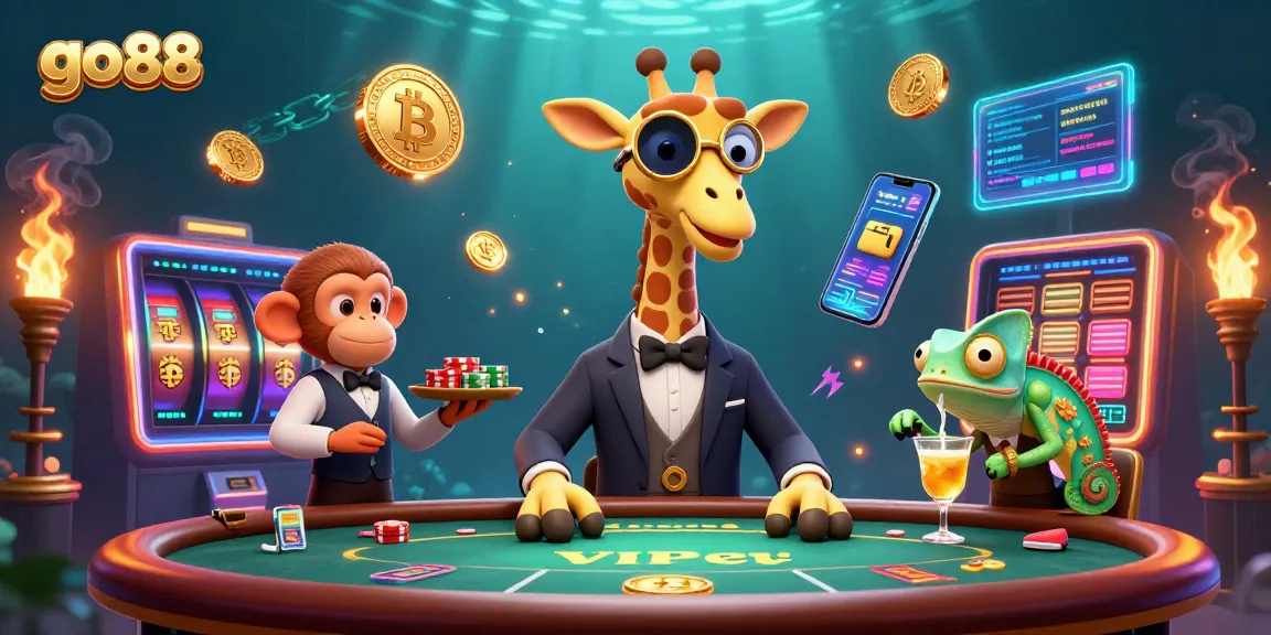 Bet big at go 88 casino with a charismatic high-roller giraffe, monkey valet, and chameleon bartender in a vibrant gaming scene.
