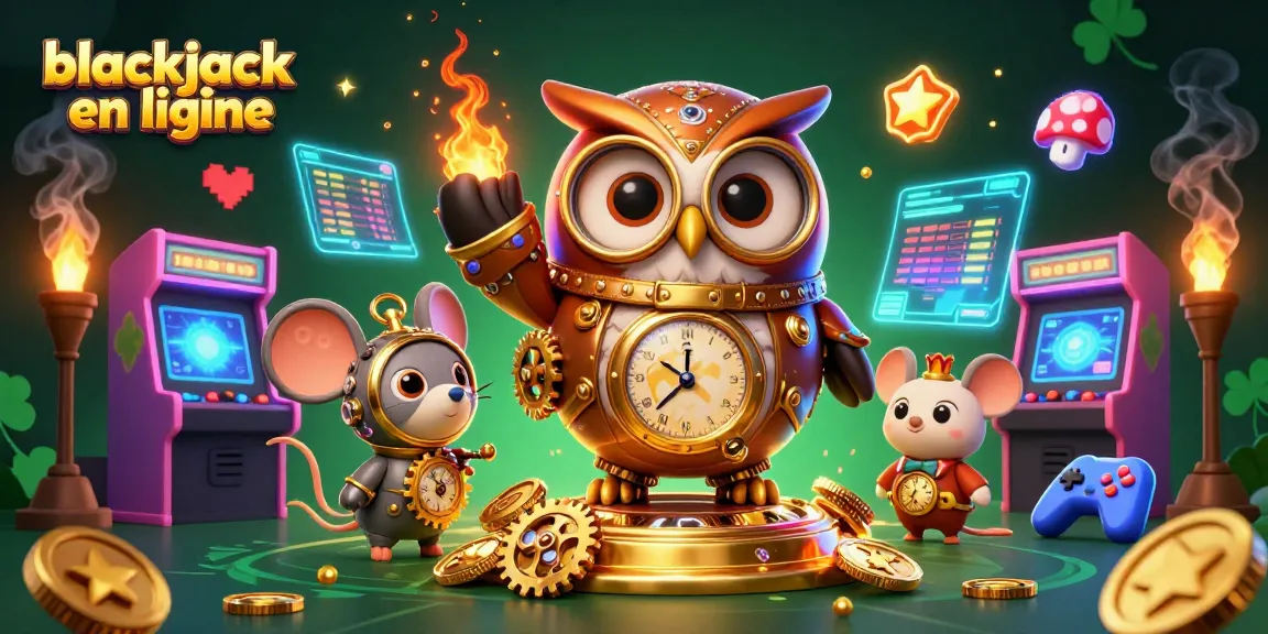 Découvrez des stratégies de blackjack en ligne avec une illustration colorée et dynamique des personnages de casino.