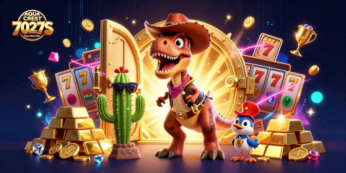 AQUA CREST 7027S Faucet Water Filter illuminates the dynamic casino scene with a T-Rex and slot symbols.