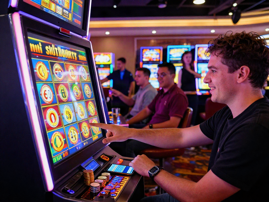 Excited player activating slot bonus feature at vibrant casino machine amidst neon lights.
