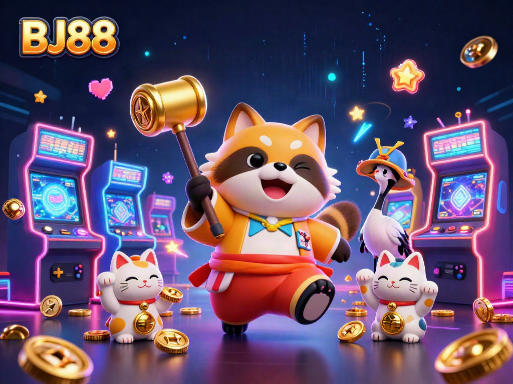 Engage with BJ88's vibrant casino adventure featuring joyous characters and dynamic gaming elements.