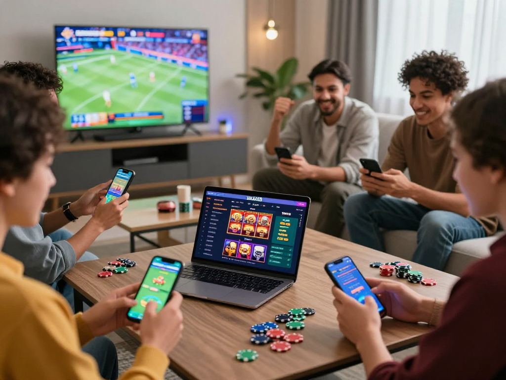 Engaging RAJA328 link scene with friends playing online casino games, showcasing excitement and fun in a modern setting.