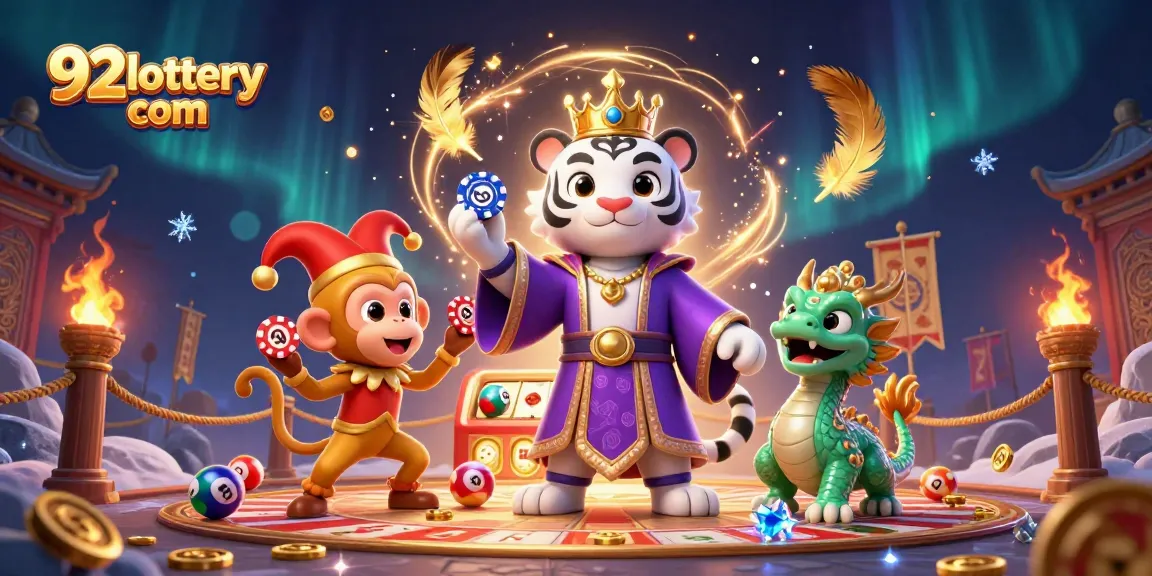 Engage with 92lottery com featuring vibrant lottery elements and lively characters in a 3D illustration.