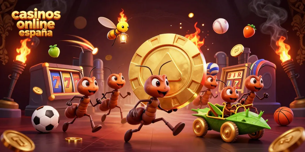 Visualiza emocionantes casinos online en España con una escena animada de hormigas, símbolos de frutas y jackpots en movimiento.