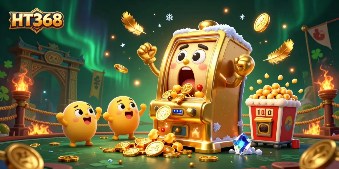 HT368 slot machine celebrates a jackpot, amid cheers and golden coins in a vibrant casino scene.