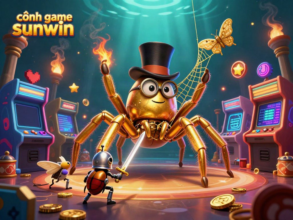 Engage with cổng game sunwin through a vibrant 3D illustration depicting a golden tarantula and beetle knight amidst a casino scene.