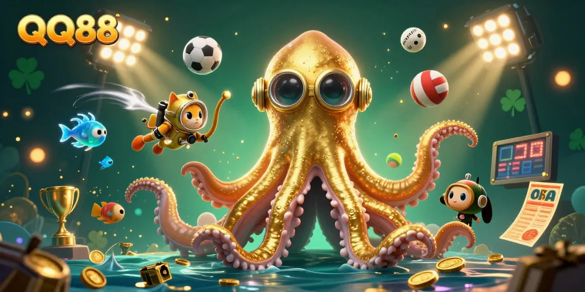 Experience the excitement of QQ88 with a captivating 3D scene featuring a kraken, diving cat, and dynamic sports elements.
