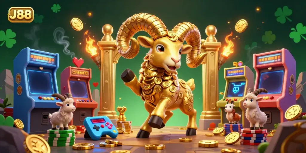 Experience thrilling gameplay with J88, featuring a golden ram charging through a vibrant casino scene.