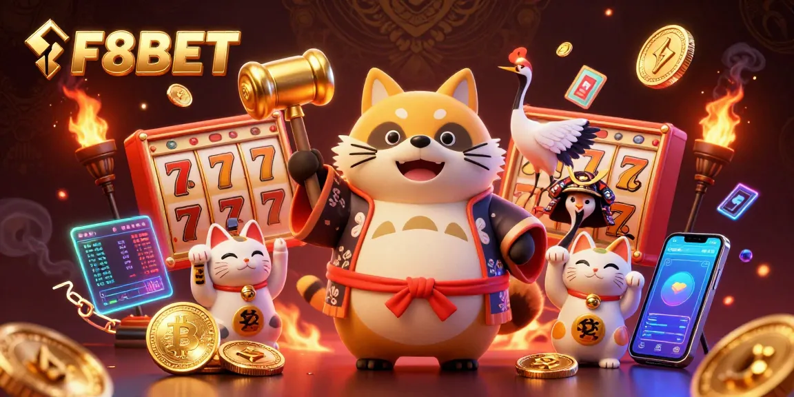 Join F8BET's thrilling casino world with a cheerful tanuki, slot reels, and vibrant icons!