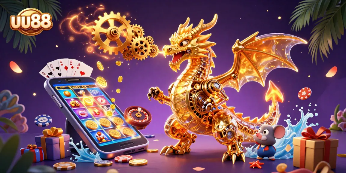 uu88 players aim for big wins with 3D dragon and vibrant casino atmosphere illustrating fun.