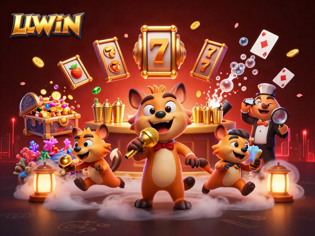 LLWIN casino illustration with lively hyenas performing, slot reels, and dynamic gaming elements.