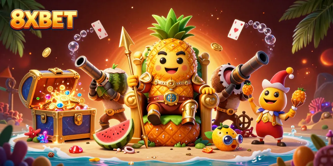 Experience the excitement of 8XBET with a dazzling scene of a golden pineapple king and festive characters in a tropical casino.