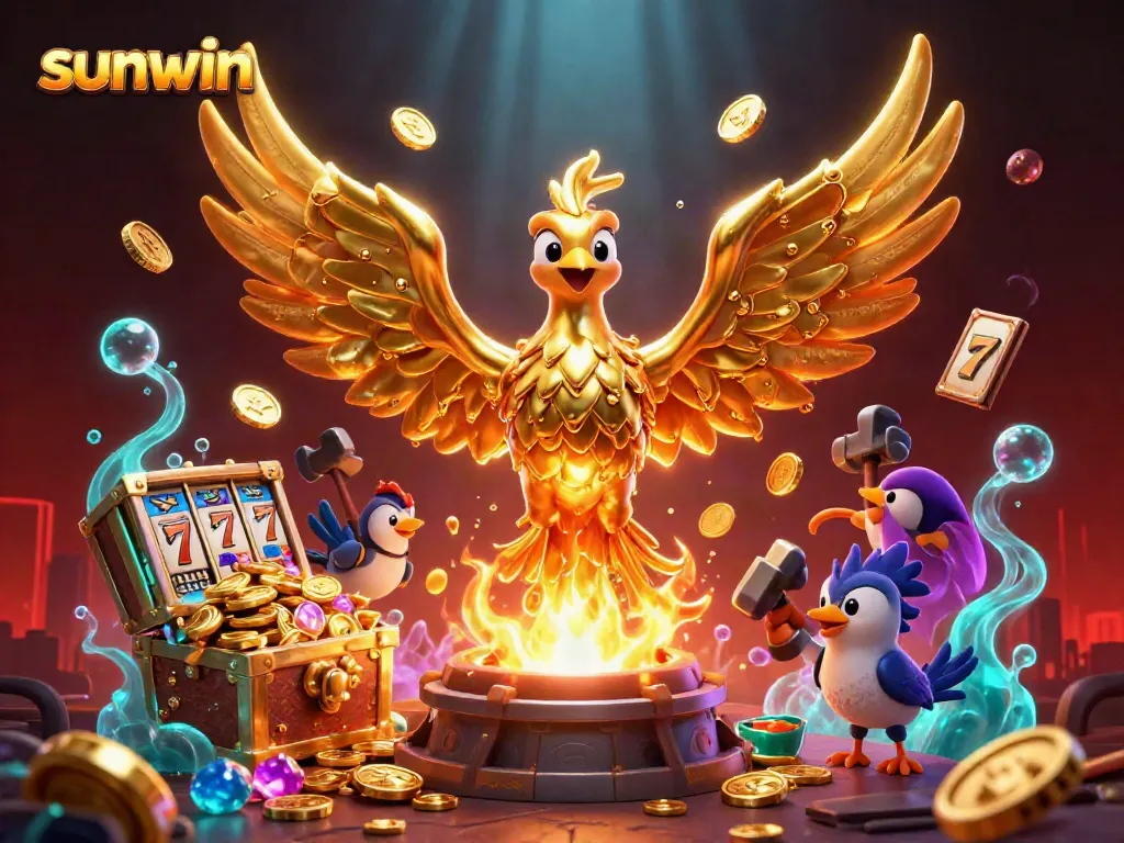Experience thrilling gameplay with sunwin's vibrant 3D illustration featuring a golden phoenix and exciting slot elements.