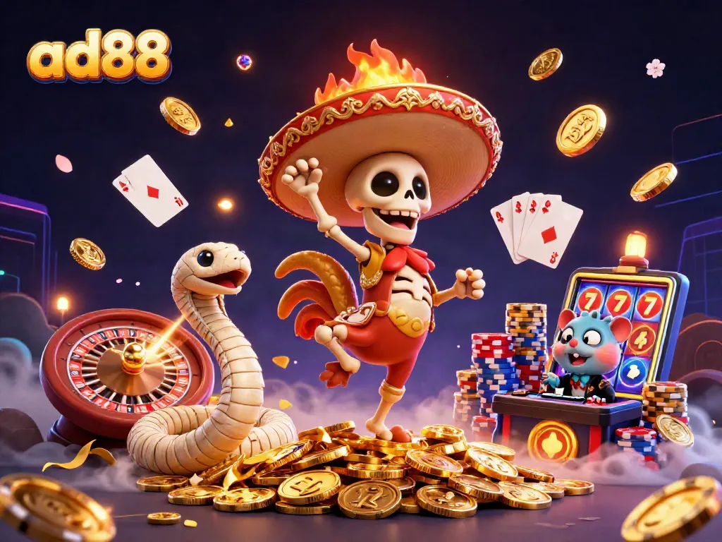 ad88 celebrates winnings with vibrant characters amidst sparkling gems and golden coins