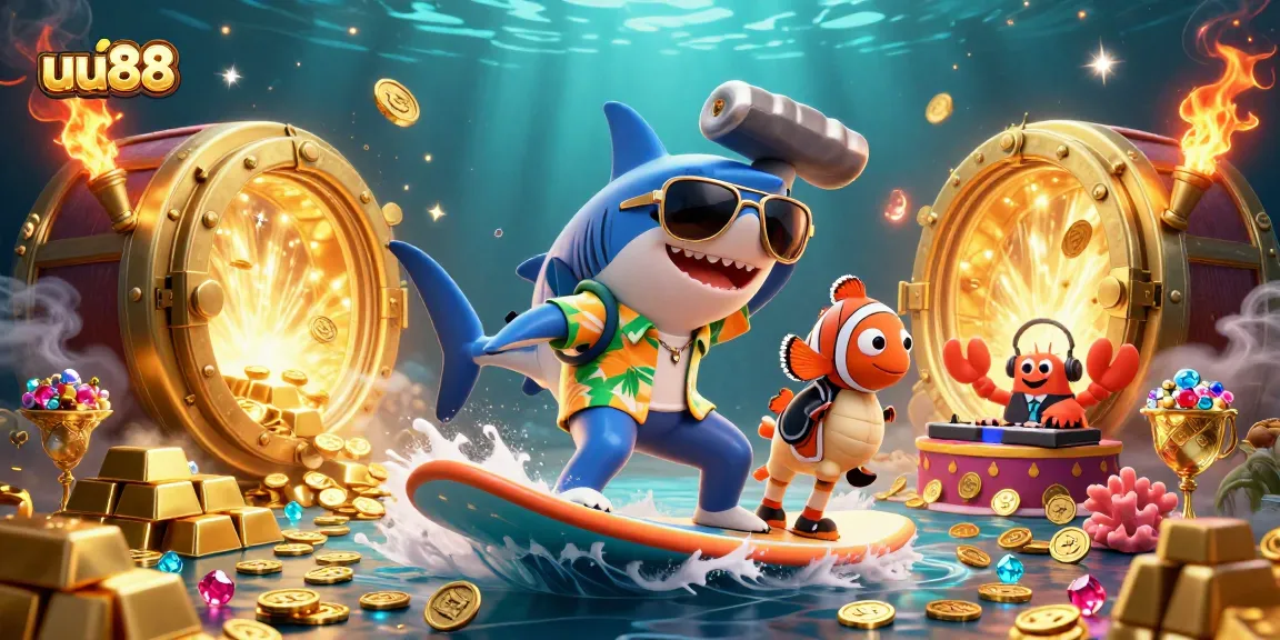 Experience thrilling wins with uu88's vibrant 3D casino-themed illustration, featuring a shark and treasures.