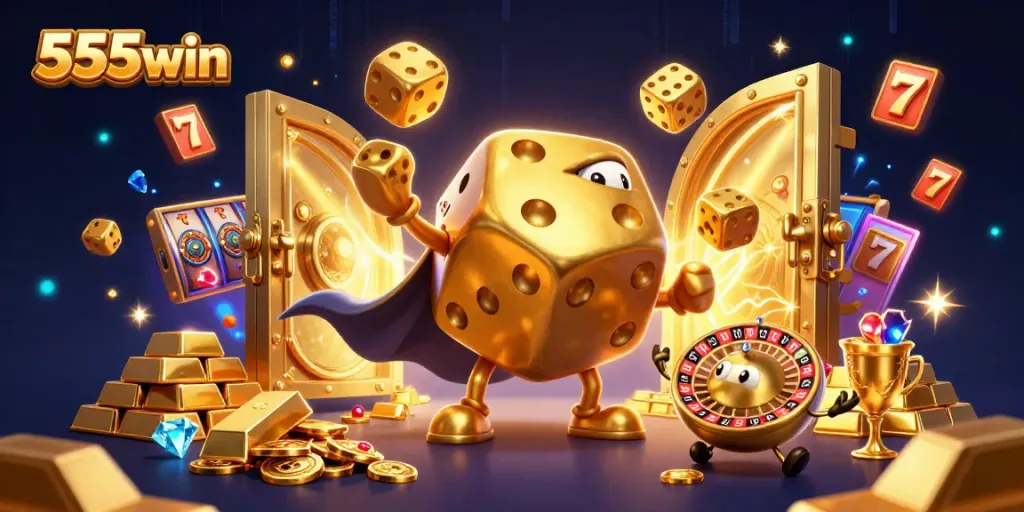 Experience stunning 555win casino action with golden dice and dynamic symbols overflowing in a rich 3D scene.