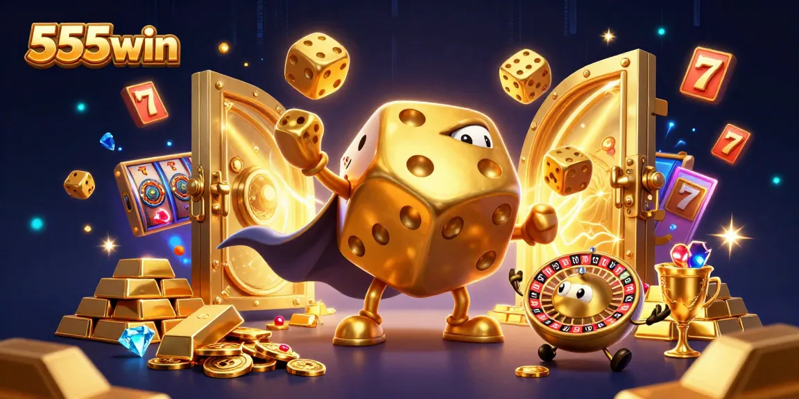 Experience stunning 555win casino action with golden dice and dynamic symbols overflowing in a rich 3D scene.