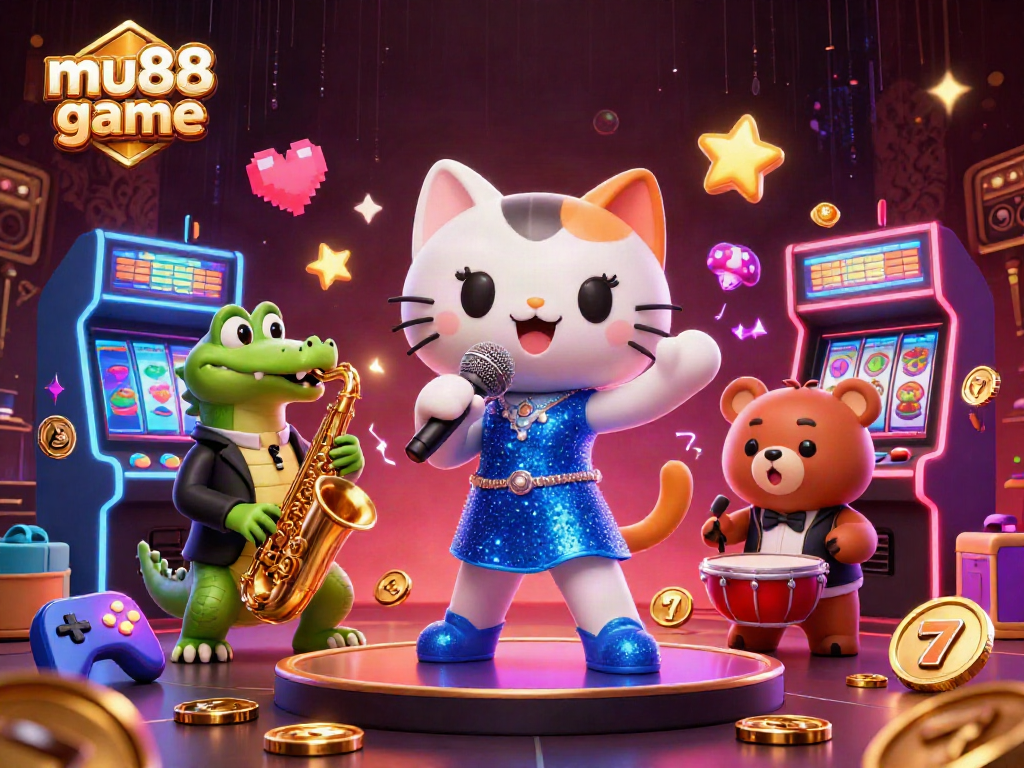 Enjoy the lively mu88 game scene with jazz-singer cat, saxophone crocodile, and dynamic arcade elements.