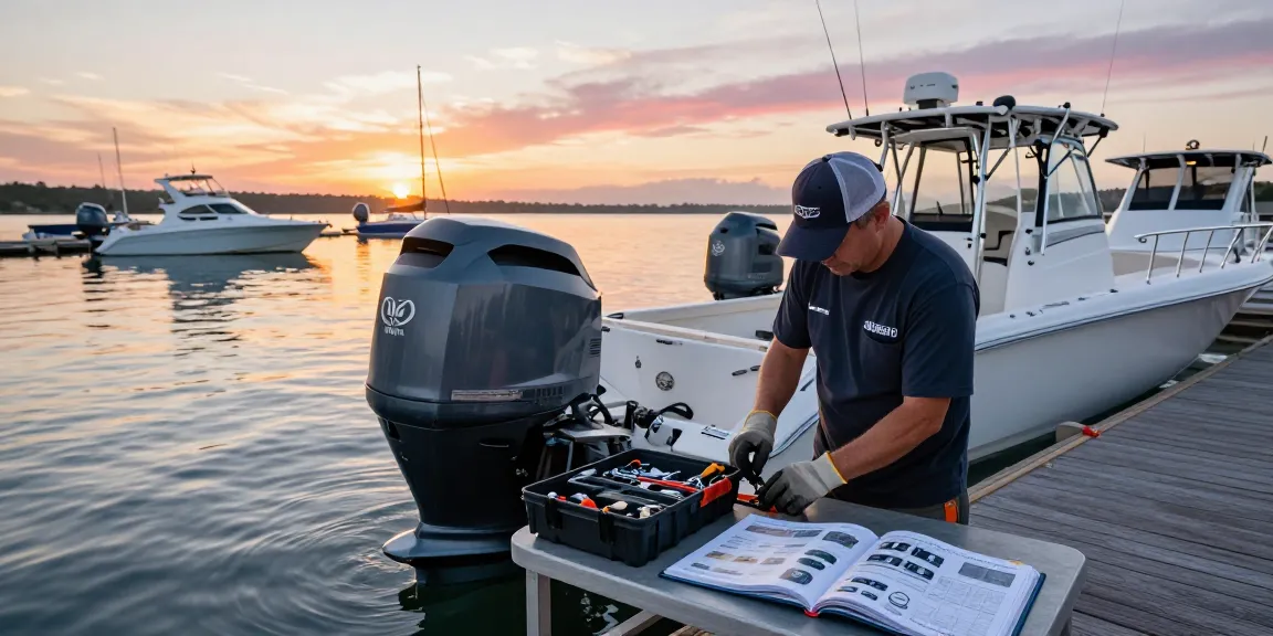 Yamaha outboard motor service technician maintaining a boat engine at dawn, showcasing expert marine maintenance.